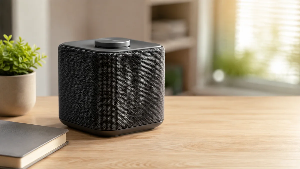 Compact charcoal wireless speaker in a warm home office setting