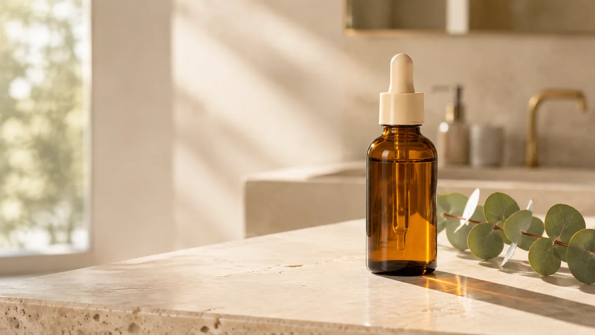 Amber skincare serum in a sunlit natural lifestyle setting