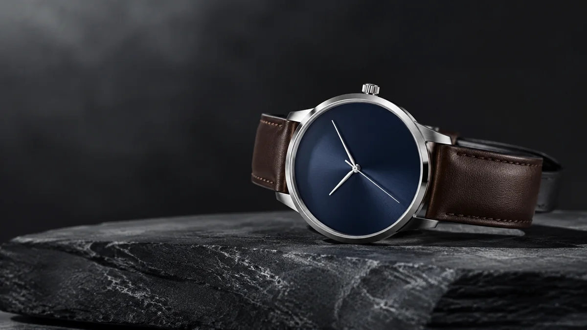 Minimal silver wristwatch presented on a charcoal stone plinth
