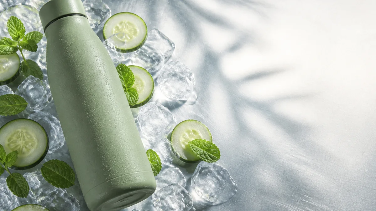 Sage-green insulated bottle in a fresh summer product arrangement